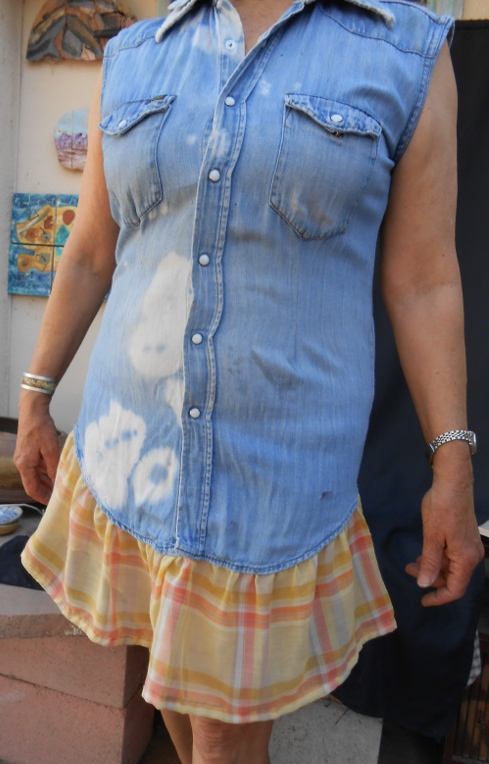 Added ruffle made of curtain liner turns a shirt into dress